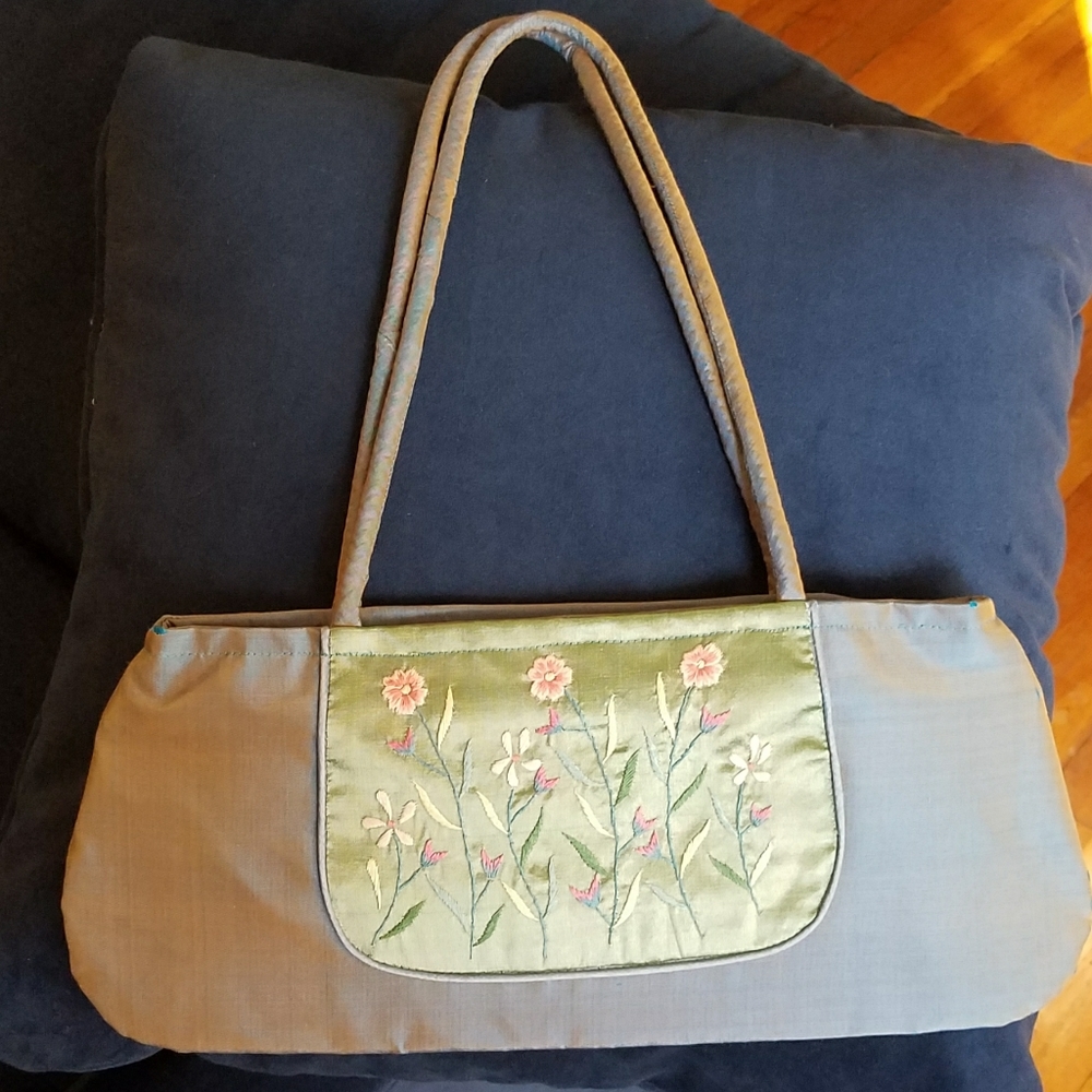 Slate blue raw silk purse with embroidered flowers